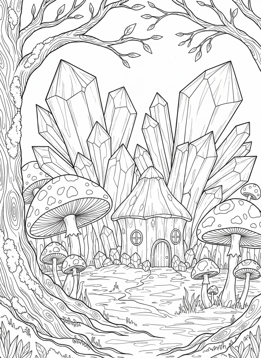 A fairy garden scene with giant crystals growing like flowers, mushrooms, and a small fairy house nestled between the gems.
