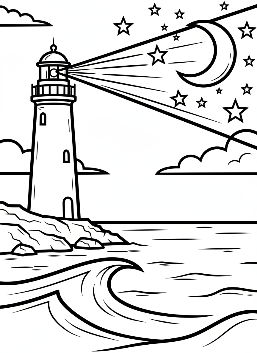 A lighthouse beam shining across a starry night sky, with a crescent moon and calm ocean waters below