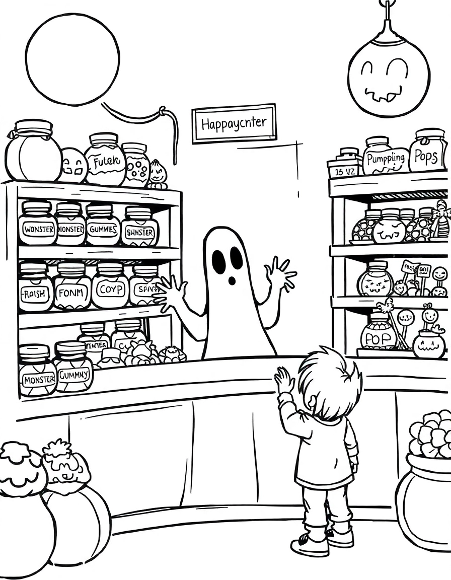 A spooky candy store with a ghostly shopkeeper behind the counter. Shelves are filled with jars labeled “Witch Fudge,” “Monster Gummies,” and “Pumpkin Pops.” A child reaches for a treat.