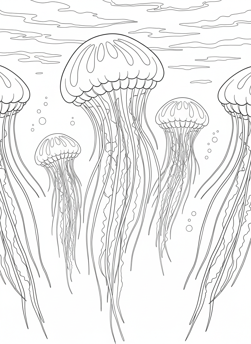 A group of jellyfish floating peacefully in open water, with their long tentacles trailing beneath their bell-shaped bodies.