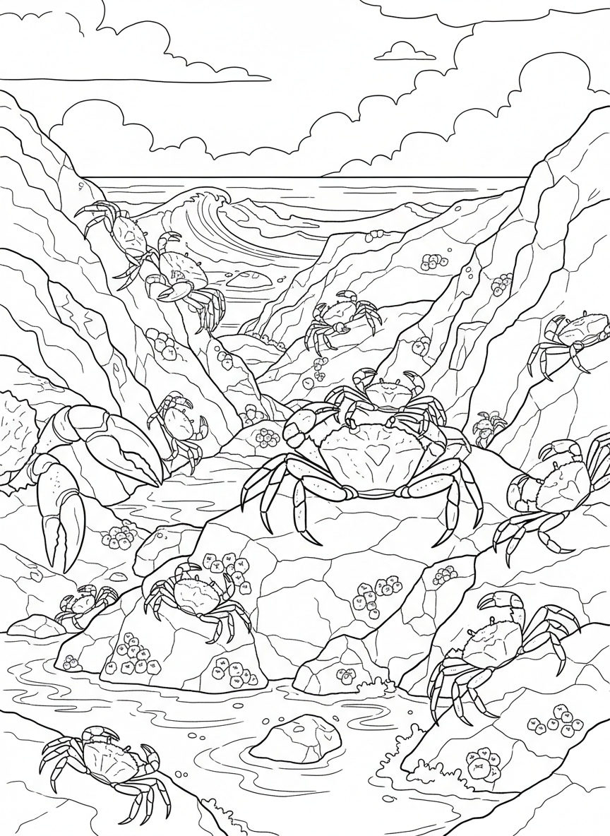 Multiple crabs of different sizes having a gathering on tide pool rocks, some climbing and some resting.
