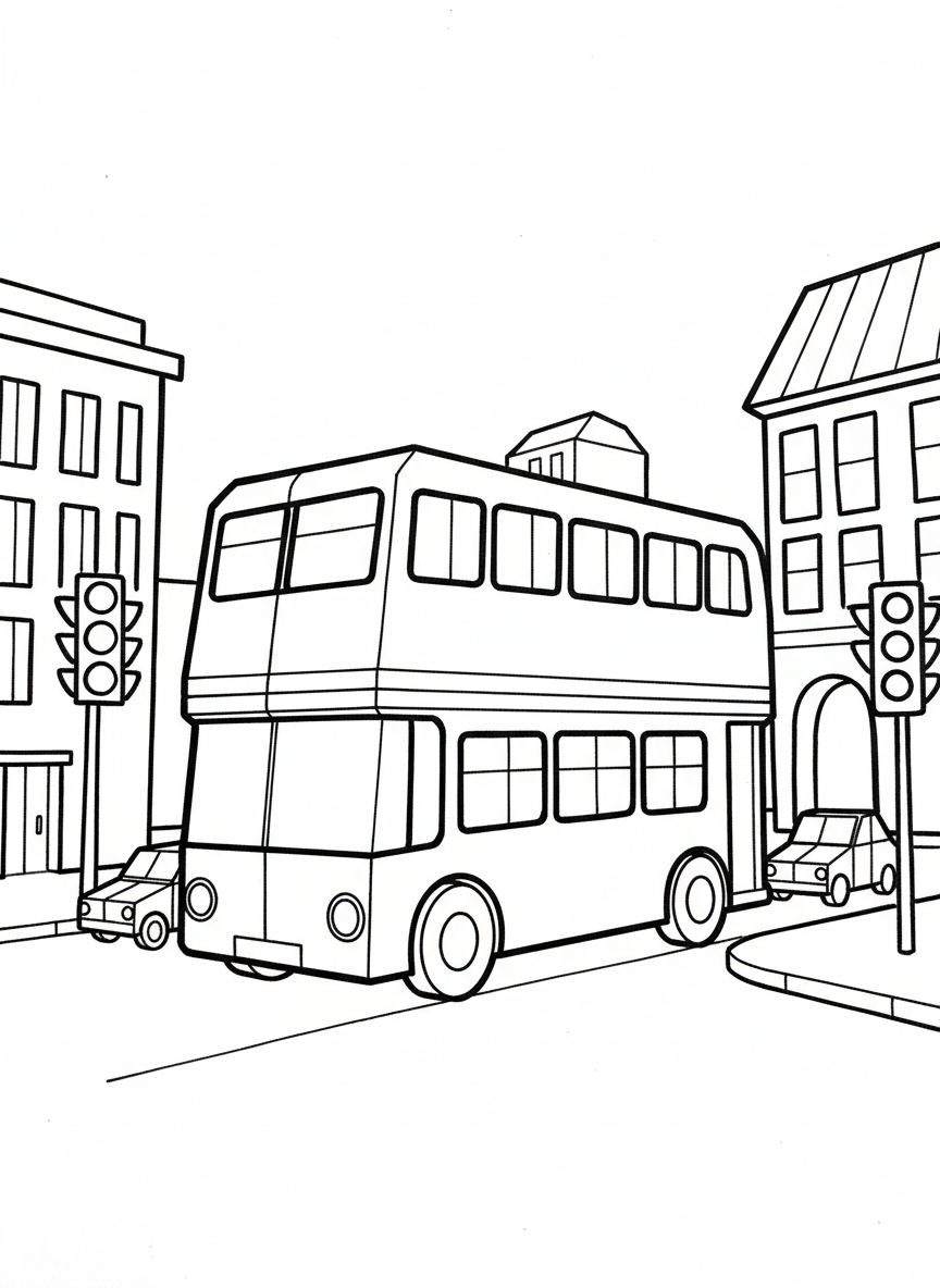 An origami double-decker bus with two levels of windows, driving through a city street with buildings and traffic lights.