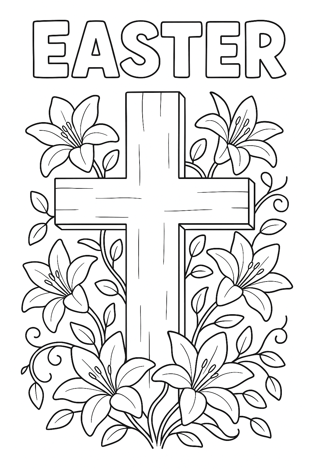 Draw a large wooden cross in the center surrounded by lilies and vines. Keep clean outlines, no shading.