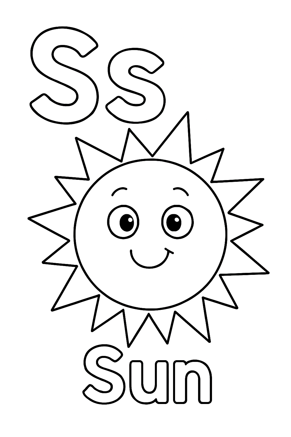 The uppercase letter “S” next to the lowercase letter “s”. With a sun image under the letters. Write out the object “Sun”.