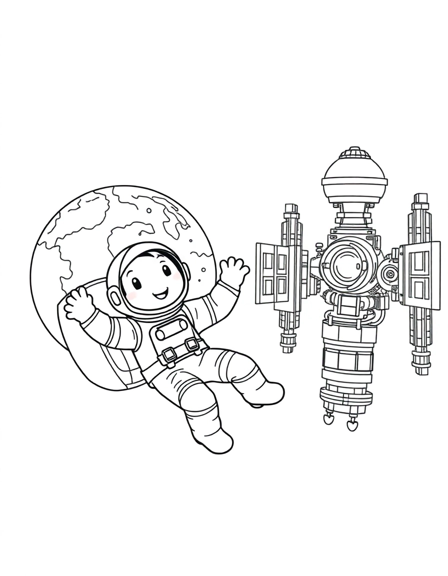 A happy astronaut floating in zero gravity next to a detailed space station, with Earth visible in the distance.