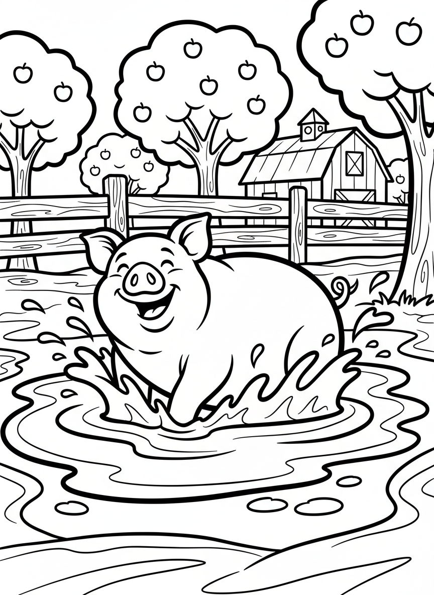 A happy pig rolling in a mud puddle with a wooden fence and apple trees surrounding the barnyard.