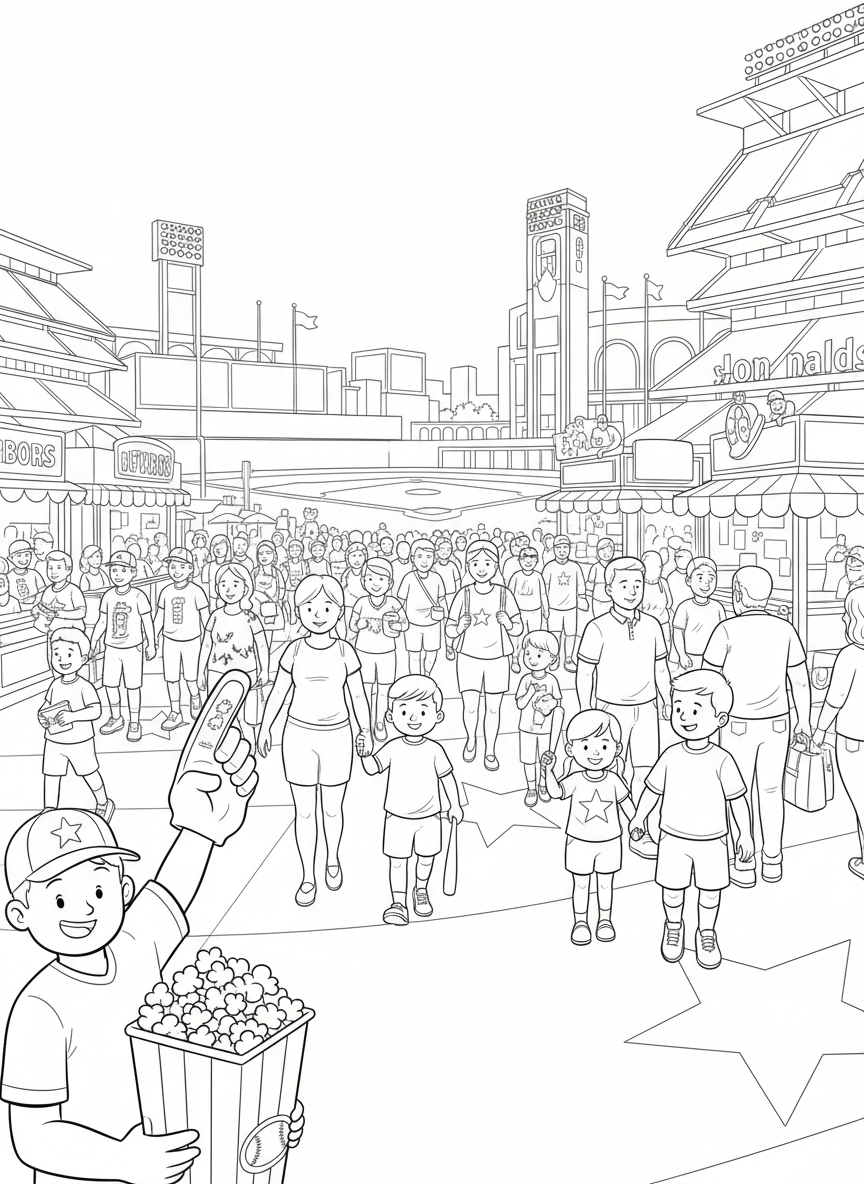 MLB All Star Game coloring page prompts highlighting summer baseball, star players, iconic ballparks, and celebratory league traditions.	A packed outfield concourse with families strolling, vendors calling out, and kids holding souvenir bats and baseballs.
