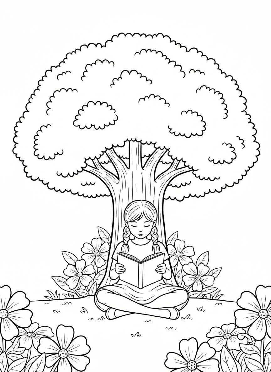 A young girl reading a book under the shade of a leafy tree, with flowers blooming at its base.