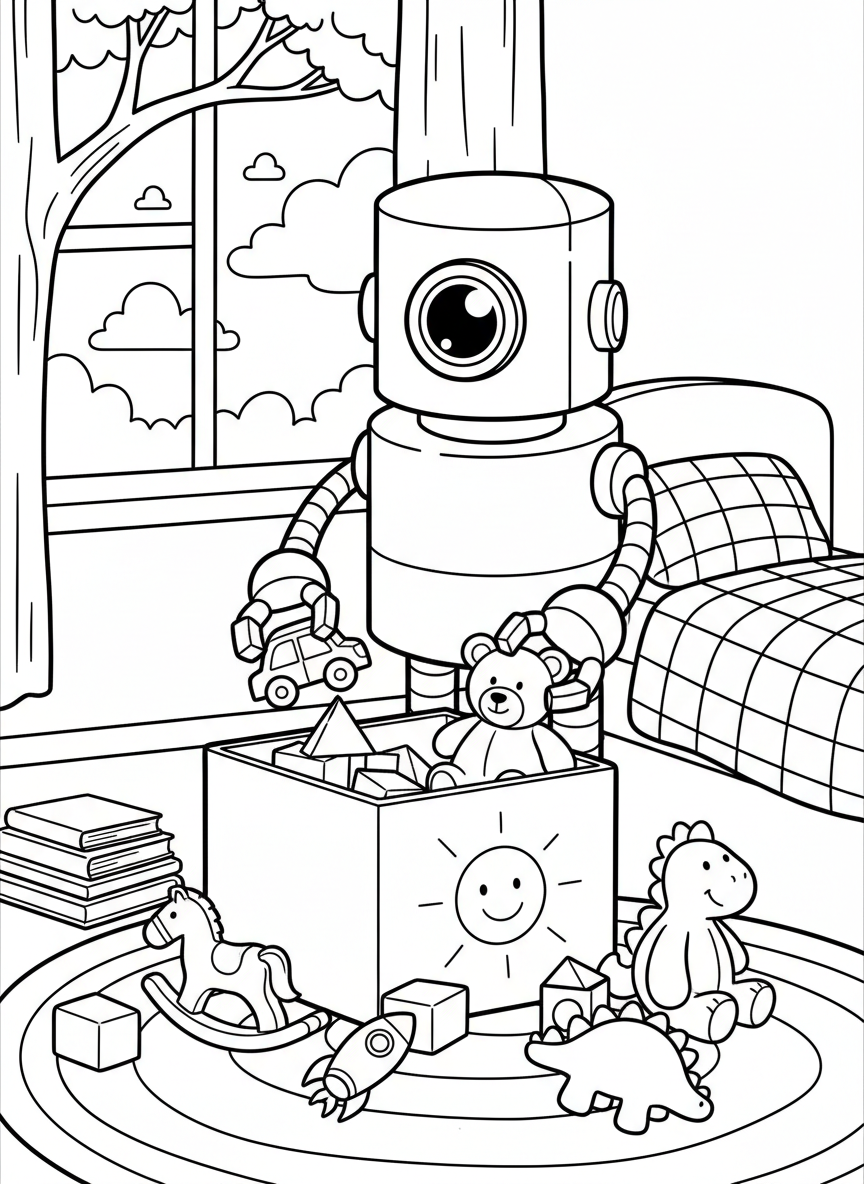 A simple cylindrical robot with one eye and claw hands organizing toys into a toy box.