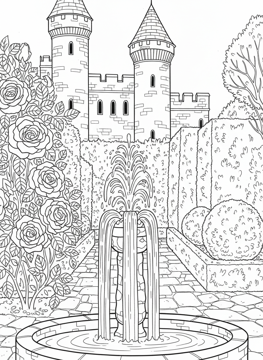 A castle garden with a stone fountain, rose bushes, hedges trimmed into shapes, and castle towers visible behind the greenery.