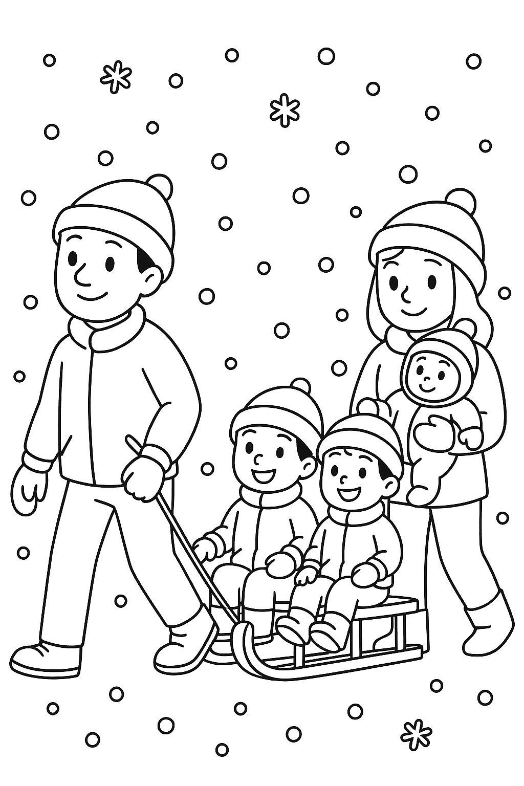 A winter scene where dad pulls a sled with the two boys, mom holds the baby boy bundled in a snowsuit, and snowflakes fall gently around them.