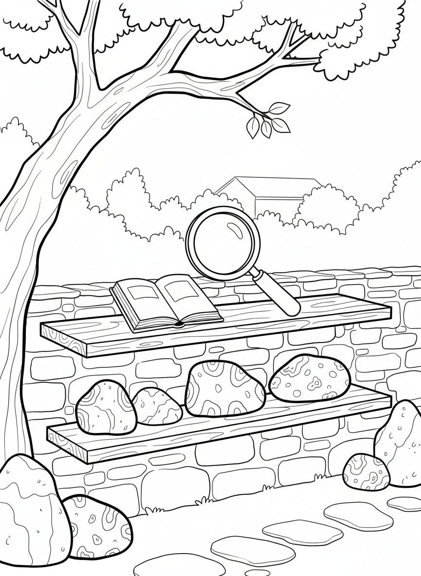 A backyard rock garden display with labeled specimens arranged on shelves, including a magnifying glass and field guide book.