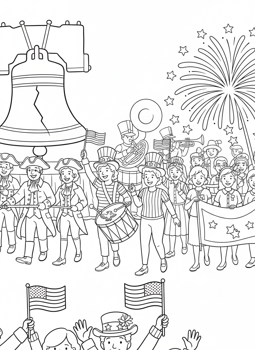 Independence Day Parade coloring page prompts capturing patriotic parades, music, and festive community pride.	Community groups walking together in themed outfits, smiling and waving.