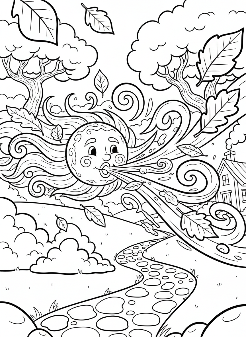 A friendly wind character blowing leaves and clouds across the page, whimsical action scene