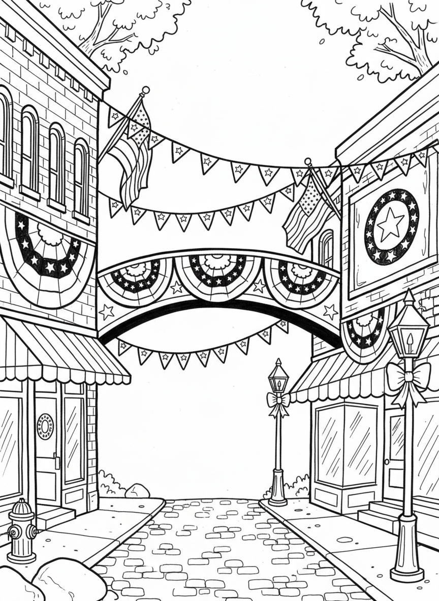 Main street of a small town decorated for Independence Day with flags, banners, and storefronts covered in patriotic decorations