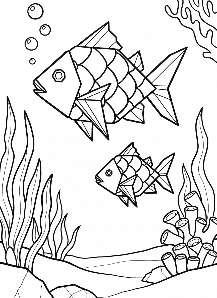 Two origami fish swimming together in opposite directions, one large and one small, with triangle fins and diamond-shaped scales pattern