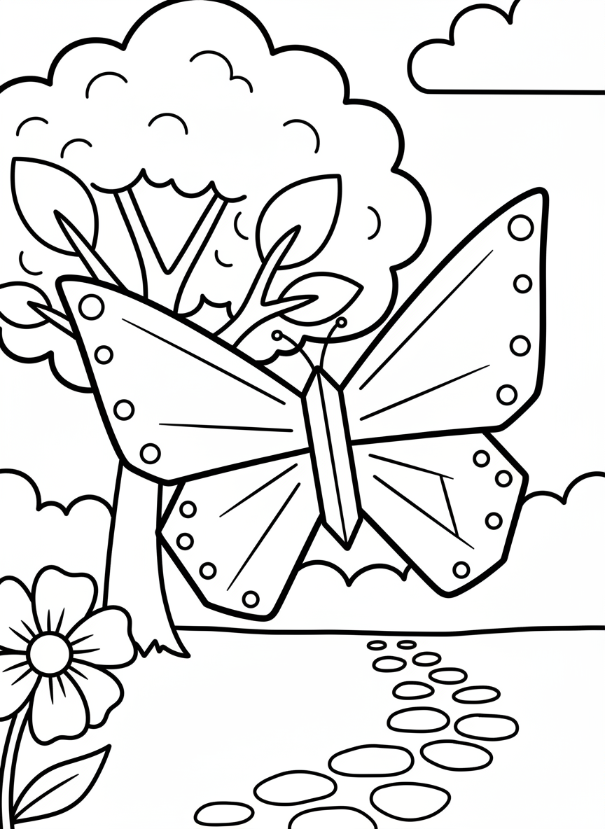 A simple origami butterfly for young children, basic triangular wings with dots and lines, minimal detail