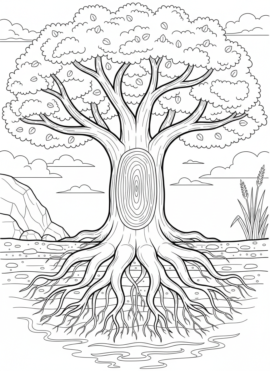 A cross-section view of a tree showing roots below ground reaching for water and branches above reaching for sky.
