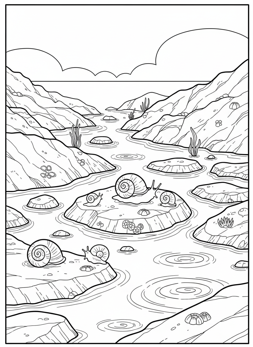 A tide pool scene showing five different snails scattered across rocks with small puddles of water between them