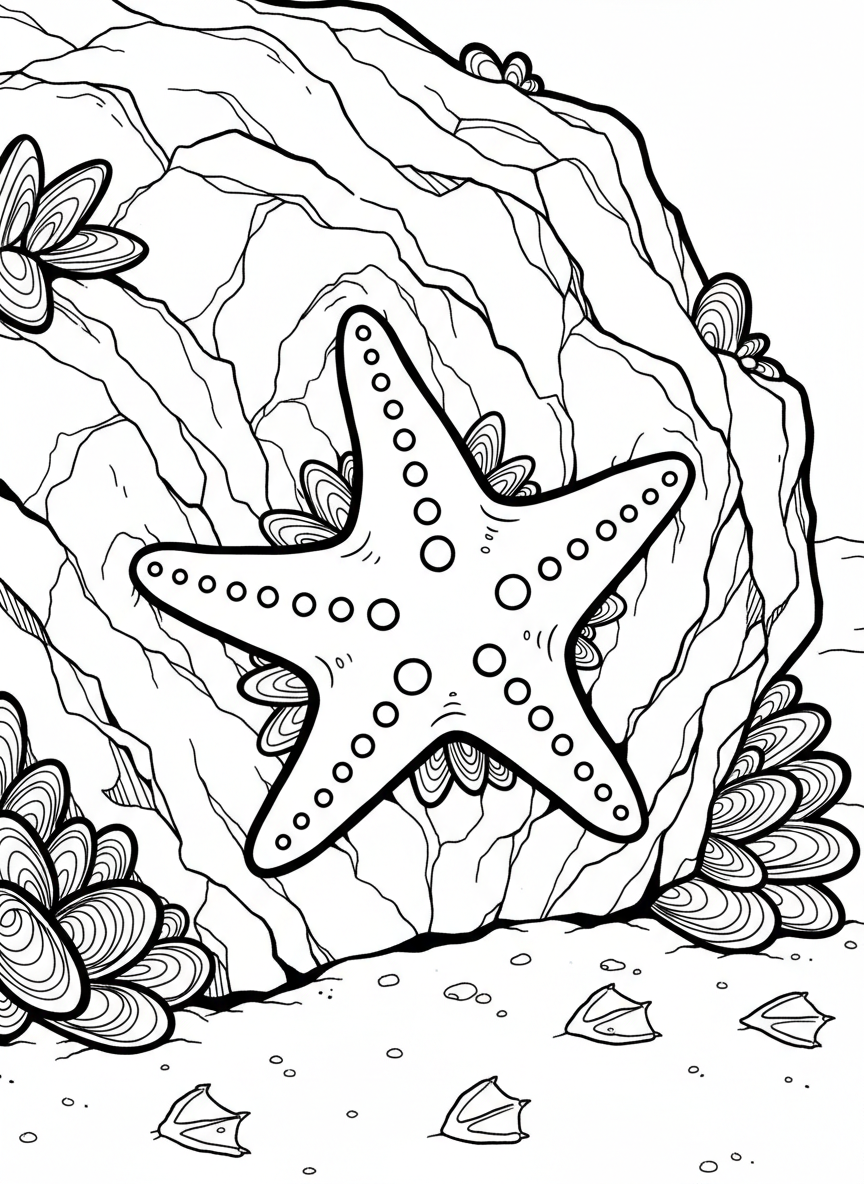 A starfish climbing up the side of a large rock, with mussels attached below and seagull footprints in the sand nearby.
