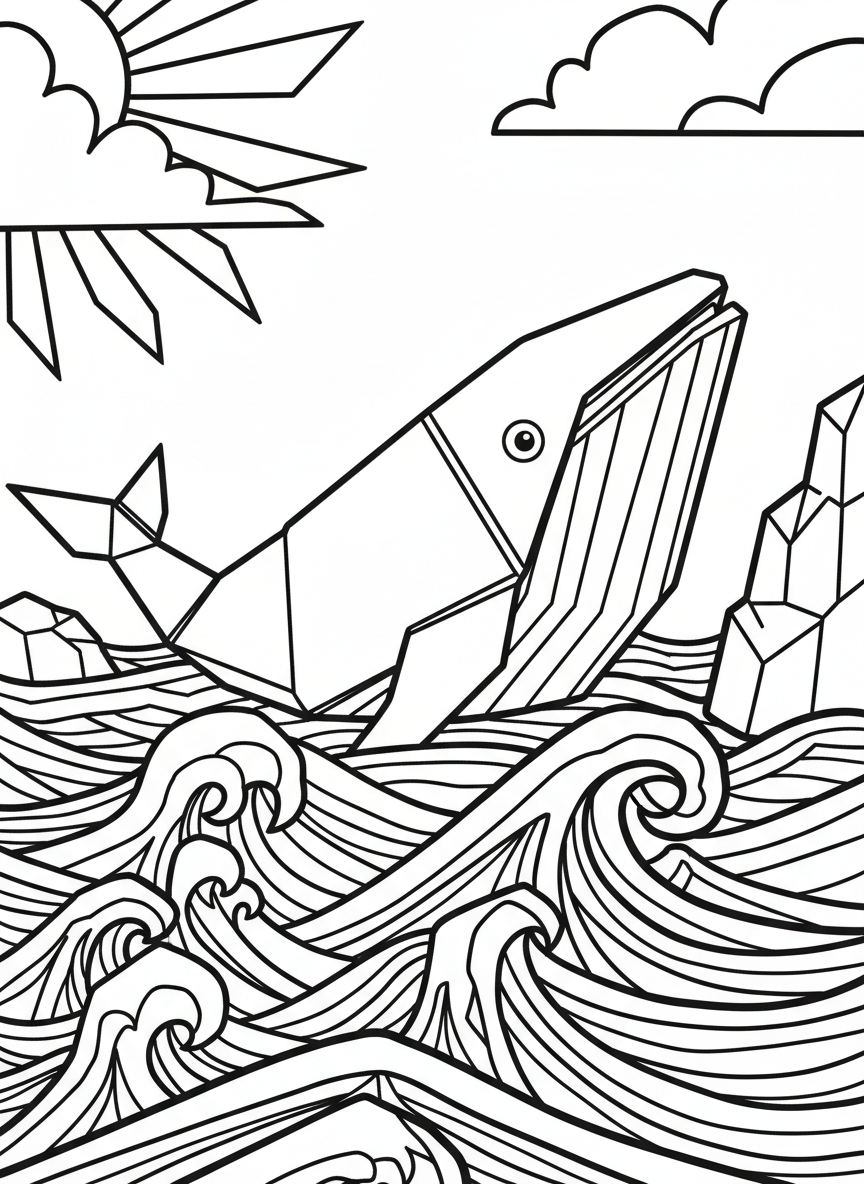 A simple origami whale with geometric folds floating on paper waves, clean lines and basic shapes perfect for young children to color