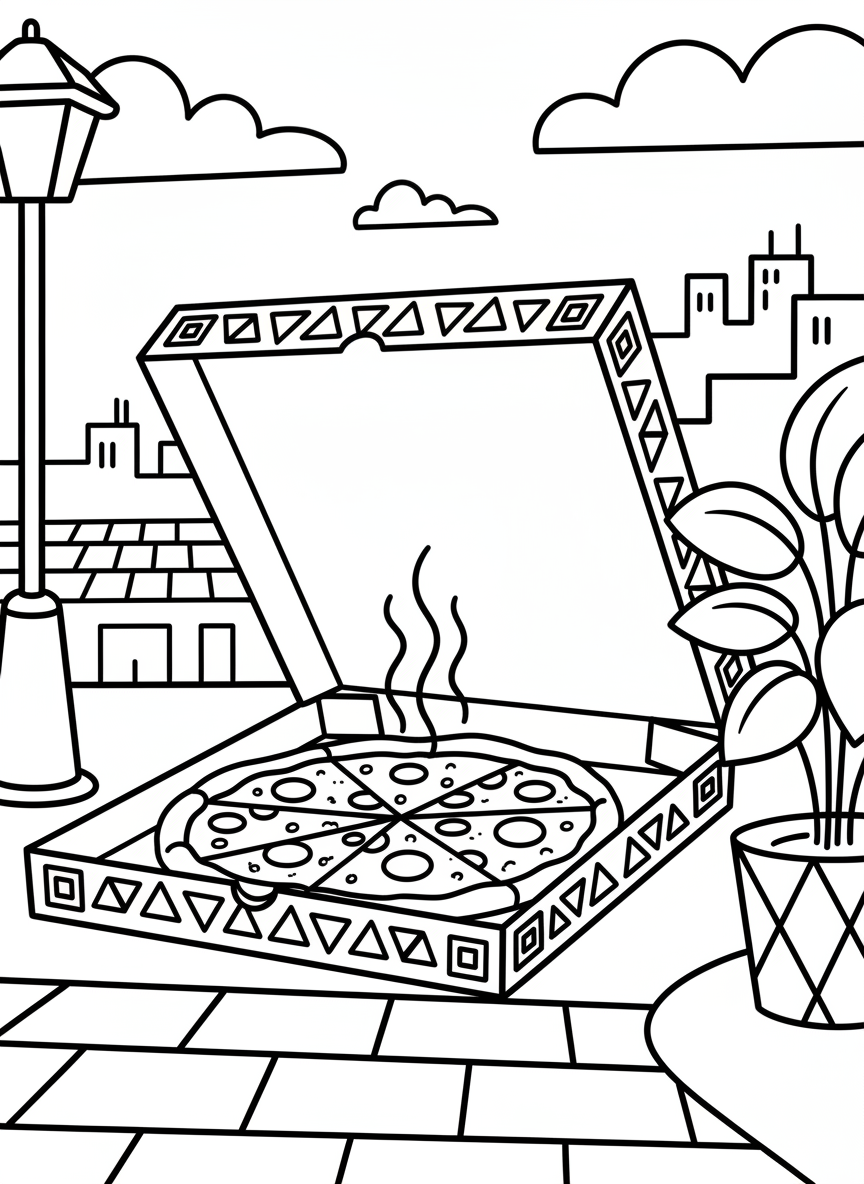 A pizza delivery box opened to reveal a steaming hot pizza, with simple geometric patterns on the box design