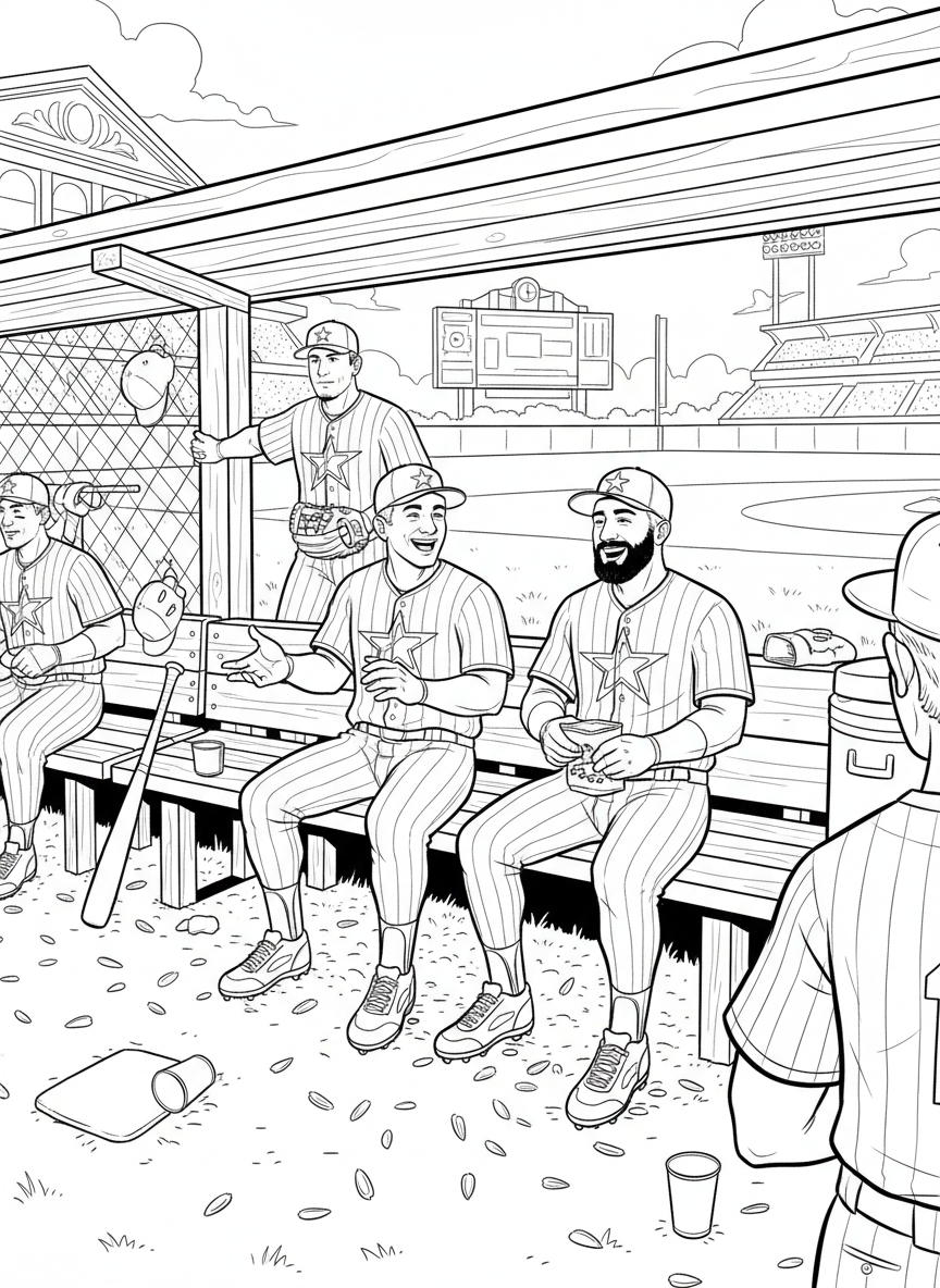 MLB All Star Game coloring page prompts highlighting summer baseball, star players, iconic ballparks, and celebratory league traditions.	A dugout scene with star players chatting and laughing, sunflower seed shells scattered as they enjoy the relaxed pace of the exhibition game.