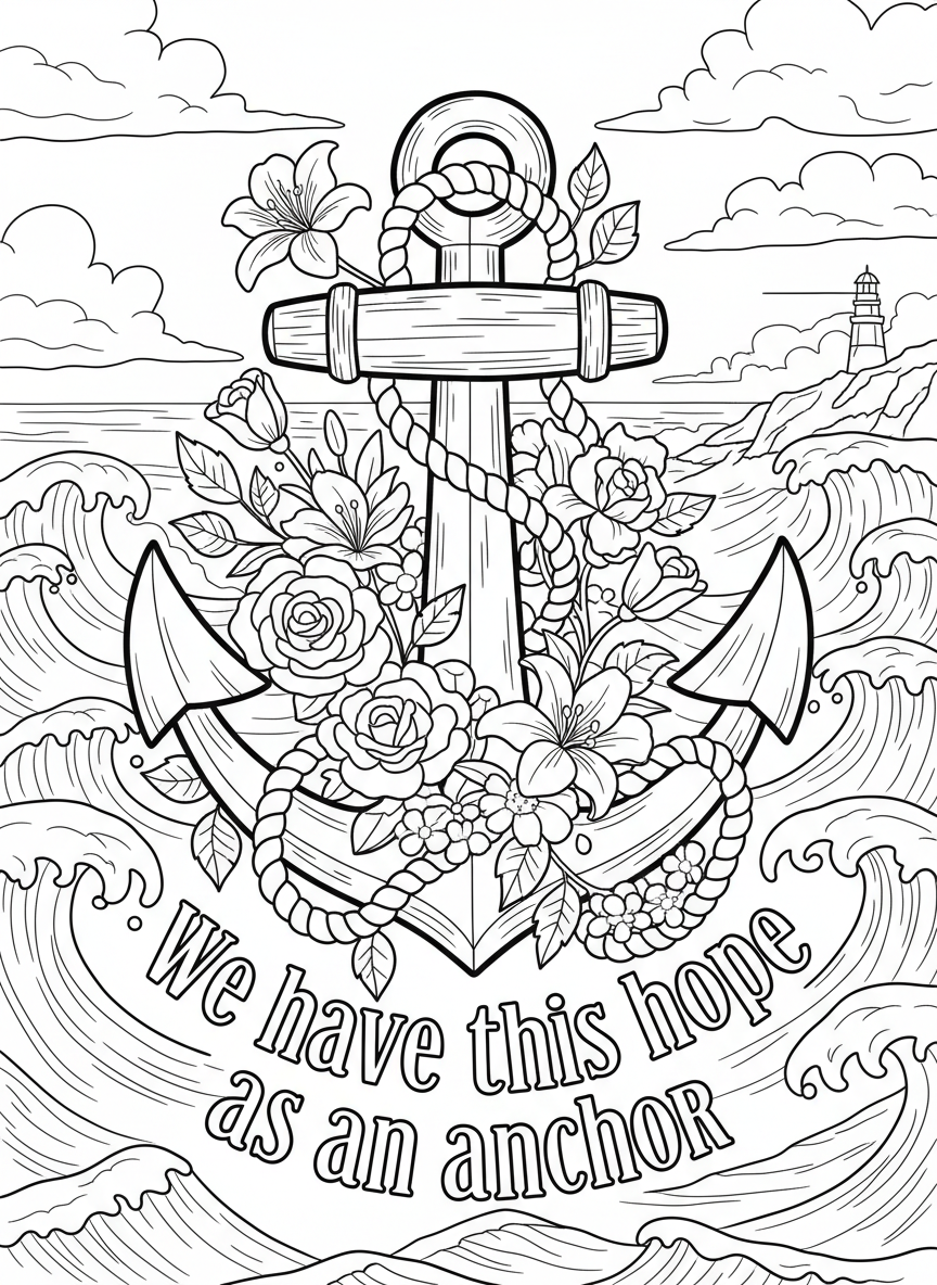An anchor decorated with rope and flowers, featuring 'We have this hope as an anchor' in nautical-style letters.