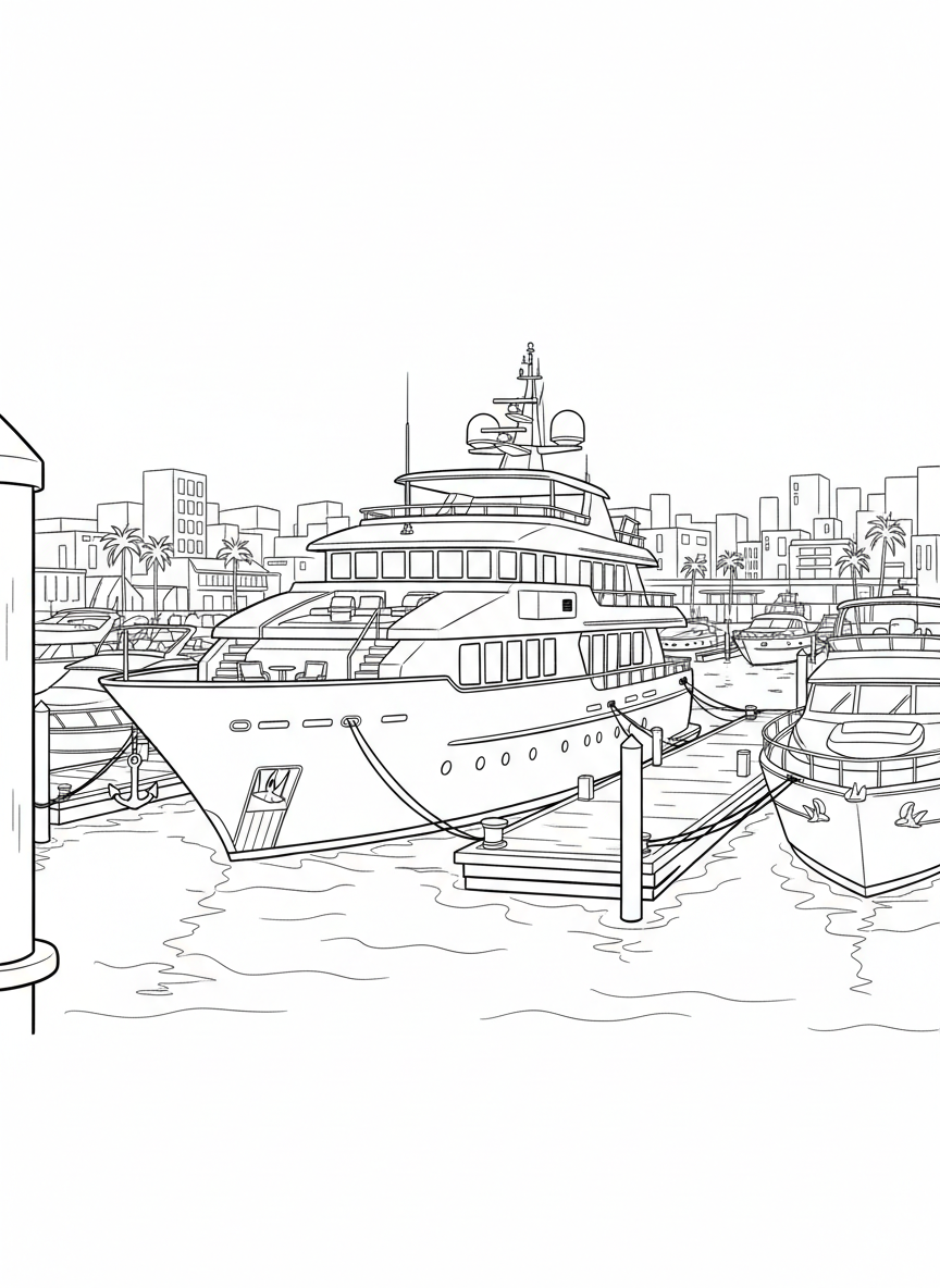 A yacht with multiple levels, large windows, and an anchor, docked at a marina with other boats nearby.