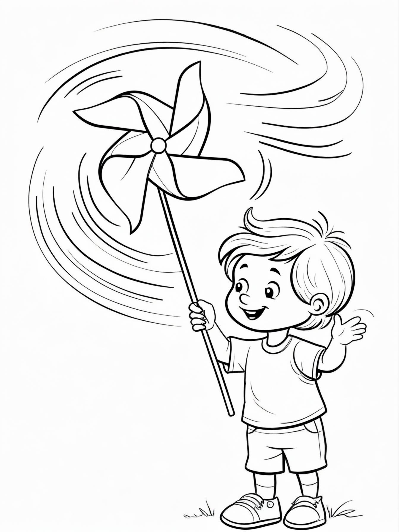A child holding a colorful pinwheel that is spinning in the wind, with wind-swirls shown around it.