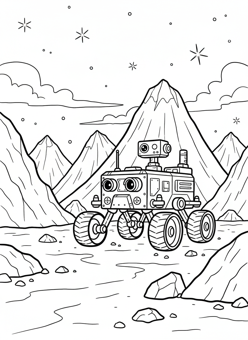 A cute robot rover exploring the rocky surface of Mars with mountains in the distance and stars above.