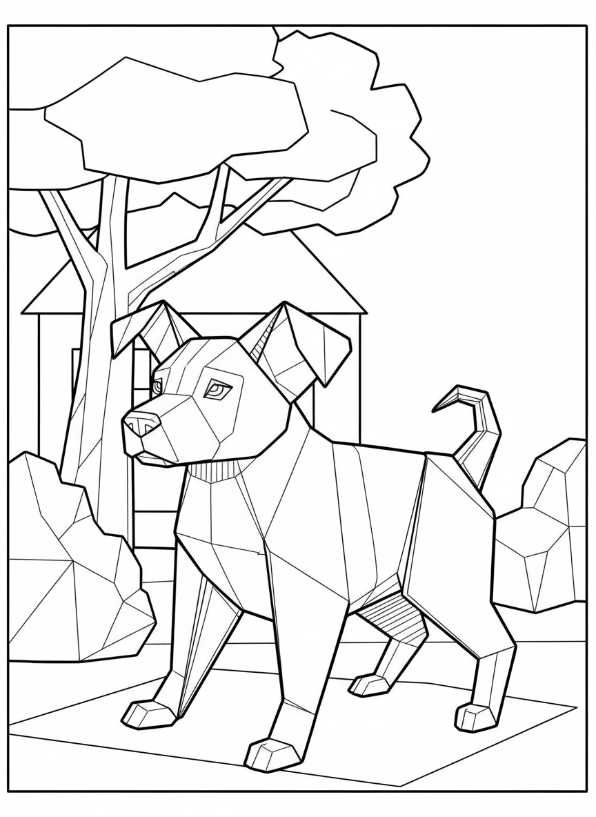 An origami dog with floppy ears in a playful bow pose, showing clear paper fold lines and angular shapes, simple coloring page design