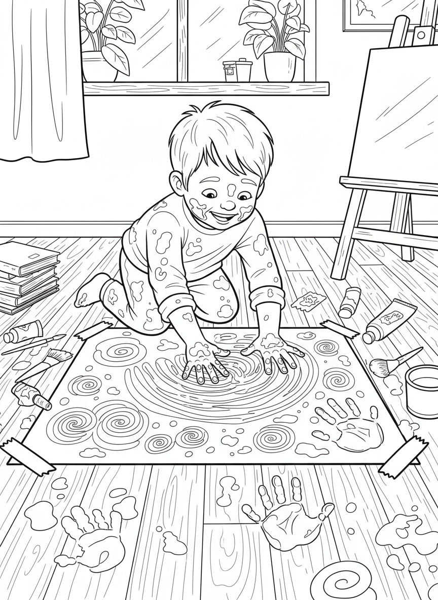 A kid finger painting on a large sheet of paper taped to the floor, with handprints and swirls of color everywhere.