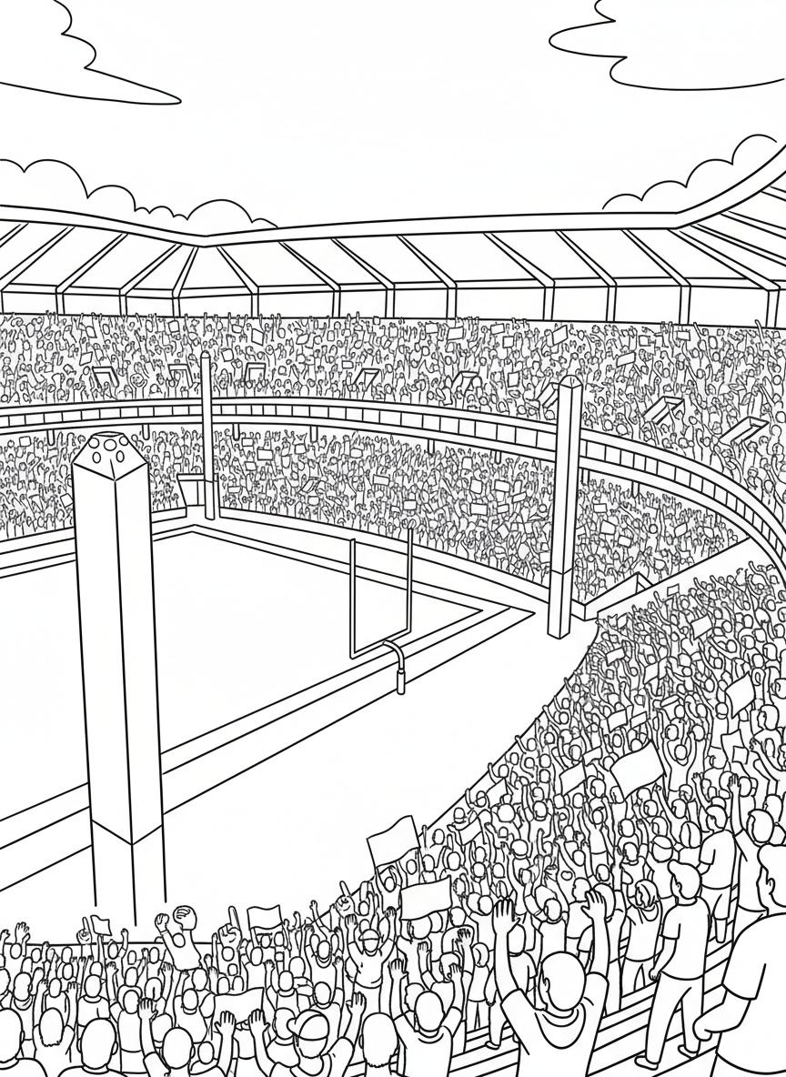 A wide view of a football stadium packed with cheering fans waving foam fingers and banners, simple architectural details.