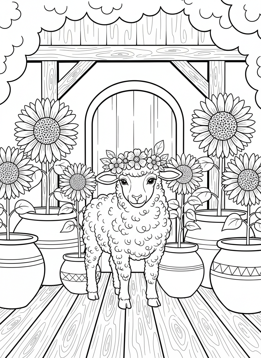 A lamb wearing a flower crown standing among pottery planters blooming with sunflowers in a barn, cheerful spring theme