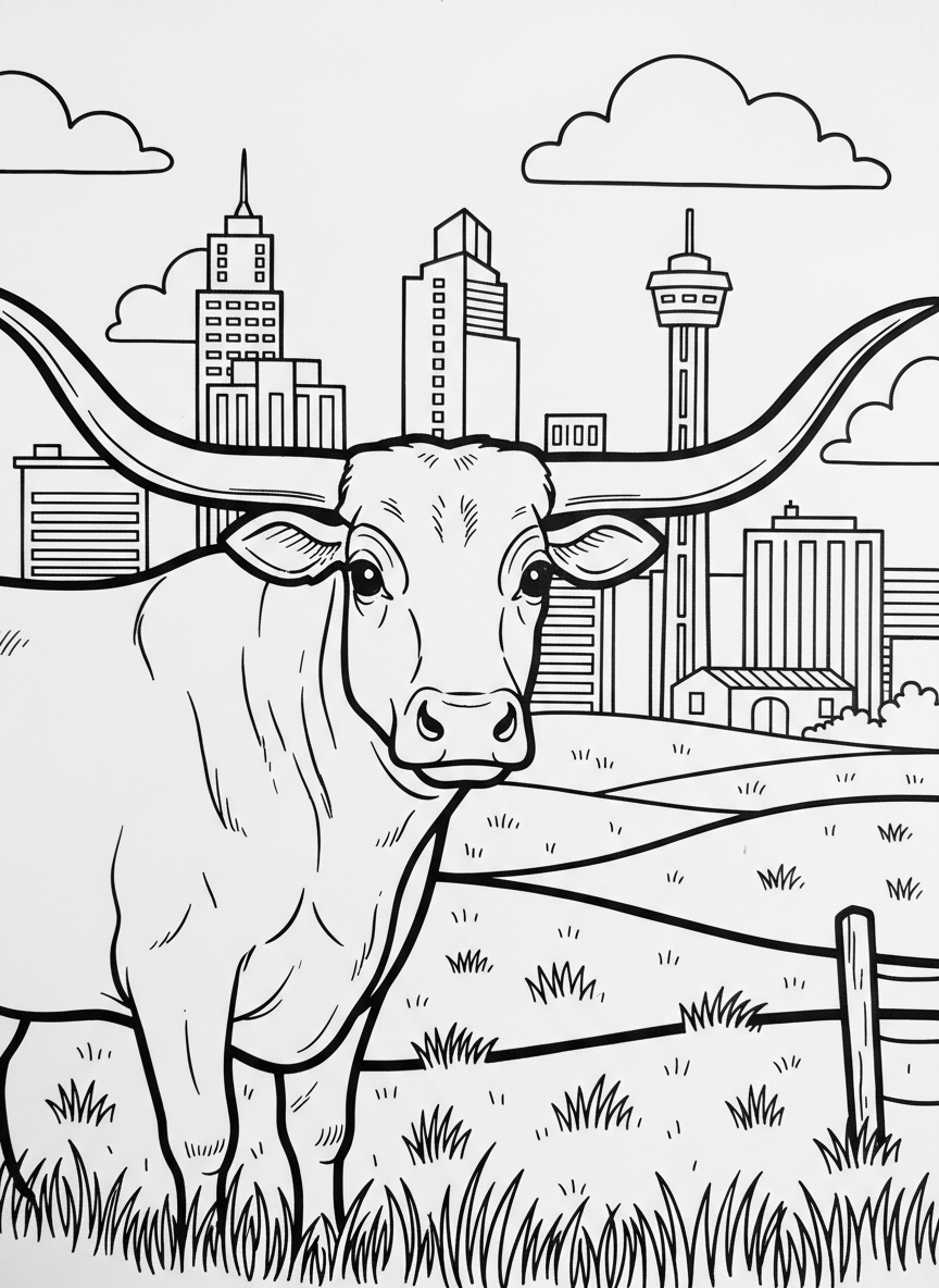 A friendly longhorn steer with big horns standing in a field with the San Antonio skyline in the background, simple shapes and outlines.