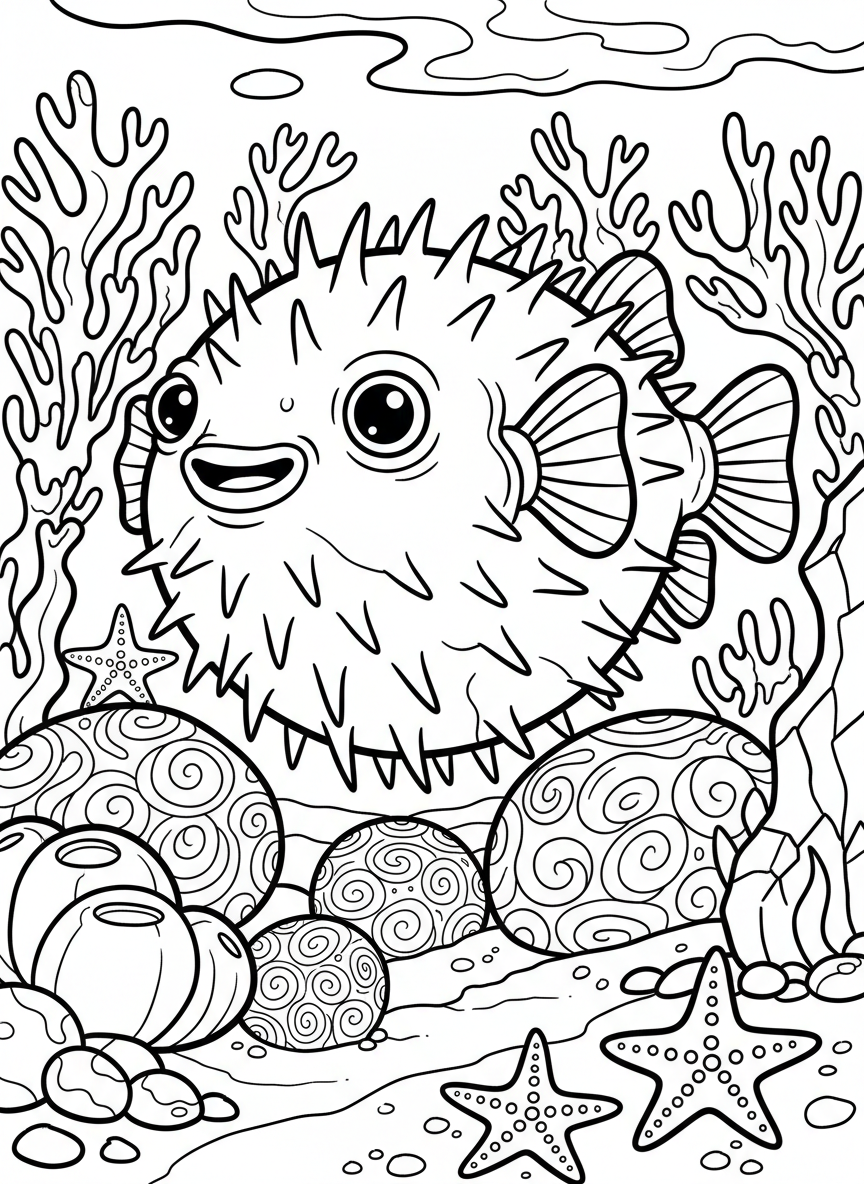 A pufferfish with spiky texture swimming near round coral formations and starfish, fun character design