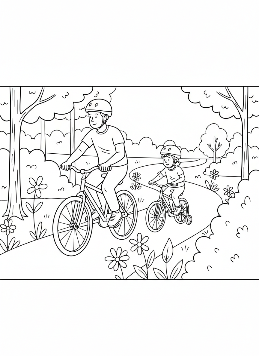 A father and child riding bicycles together on a park path, wearing helmets, with trees and flowers along the trail