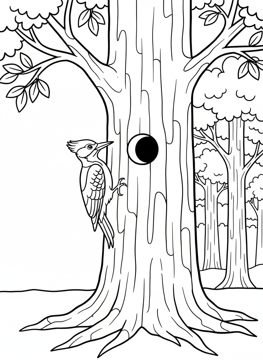 A woodpecker on a tree trunk with a small nest hole, side view with clear details