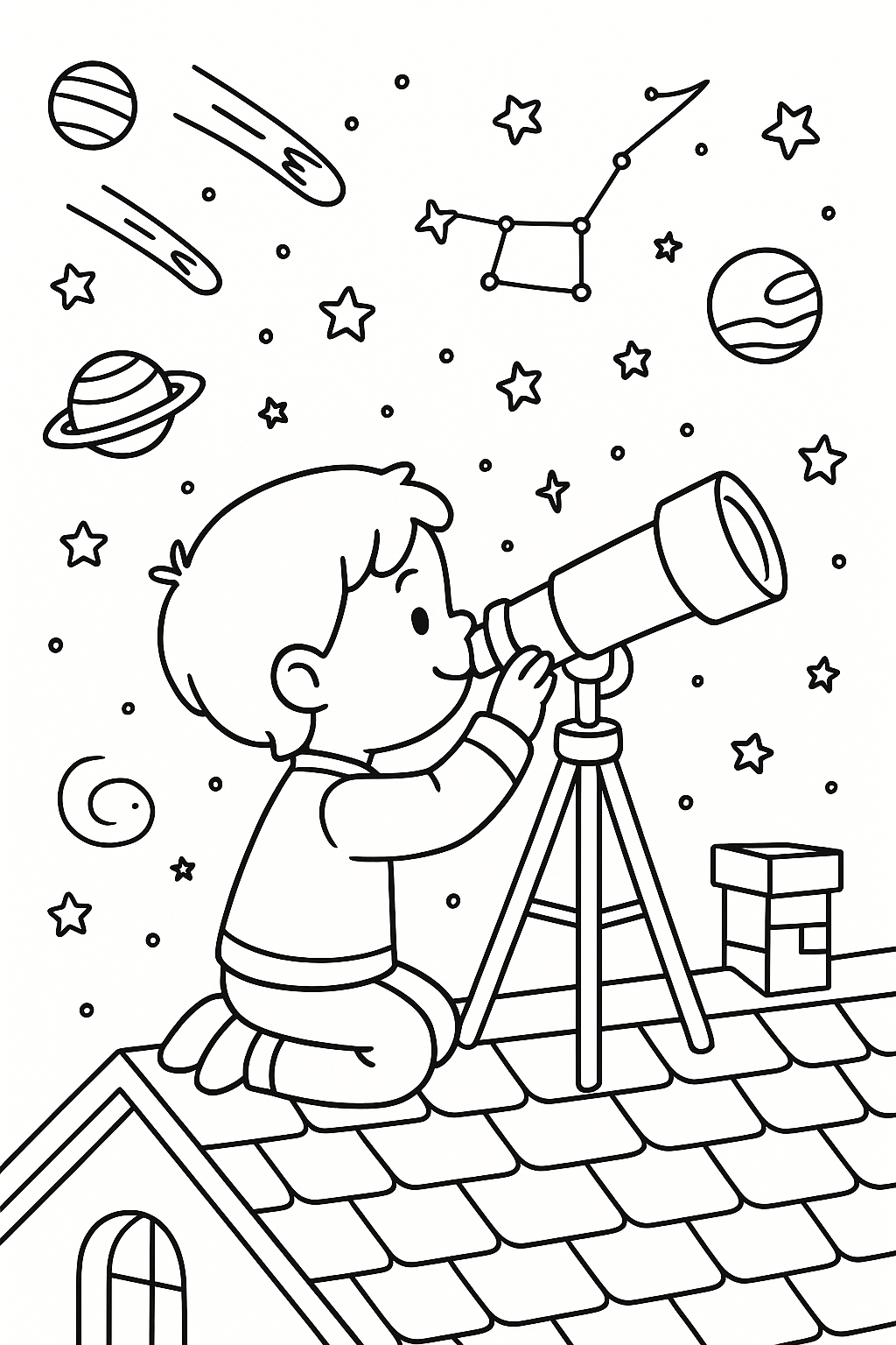 A child gazing through a telescope as meteors streak across the night sky, constellations shining above, planets visible in the distance, rooftop setting, and a dreamy, inspiring cartoon illustration.