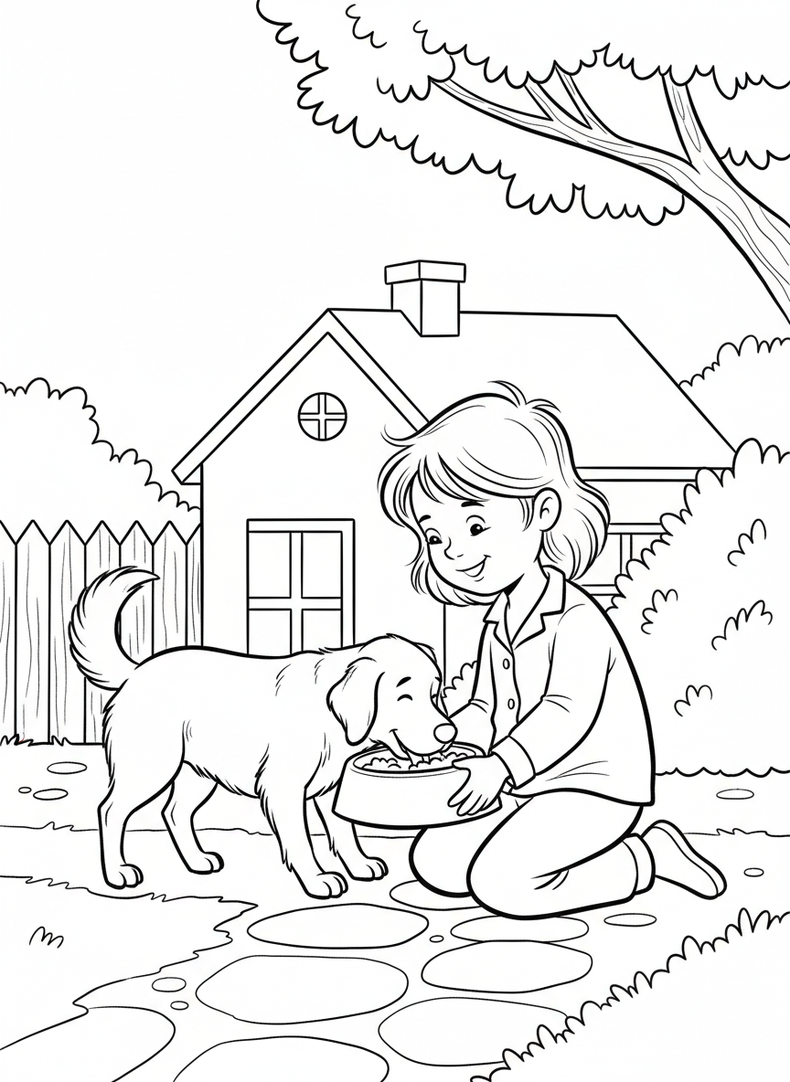 A child feeding a pet cat or dog from a food bowl, morning pet care routine, happy pet eating