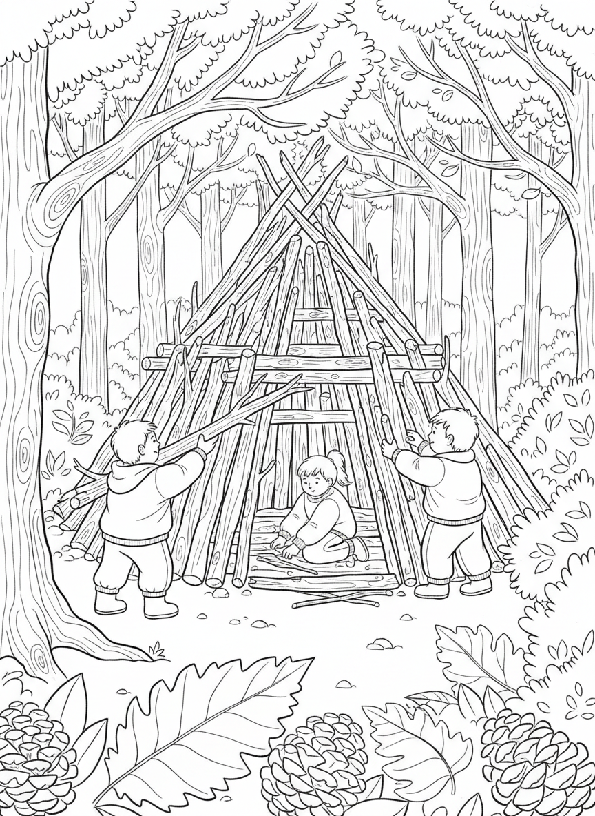 Children building a fort from sticks and branches in the woods, with leaves and pinecones scattered around.