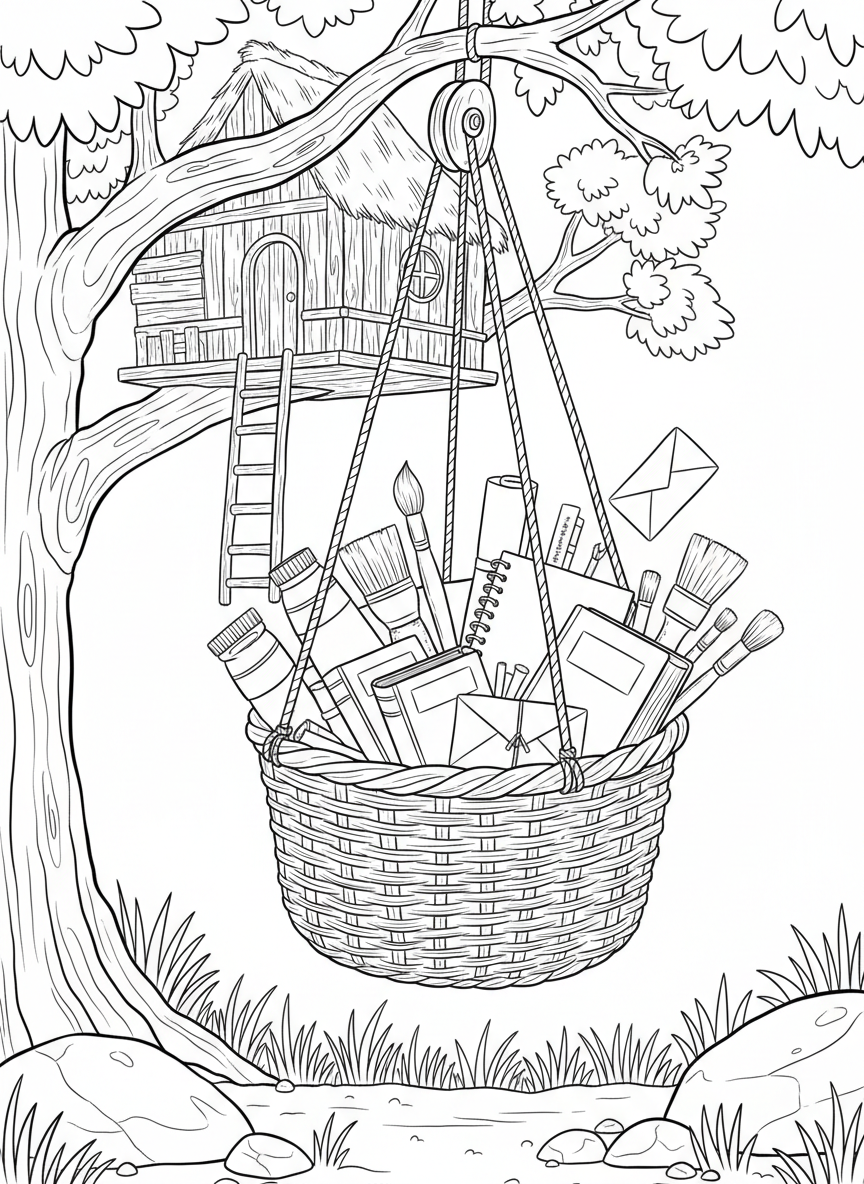 A delivery basket suspended mid-air on a pulley rope, filled with art supplies, books, and letters, with a treehouse visible in the background.
