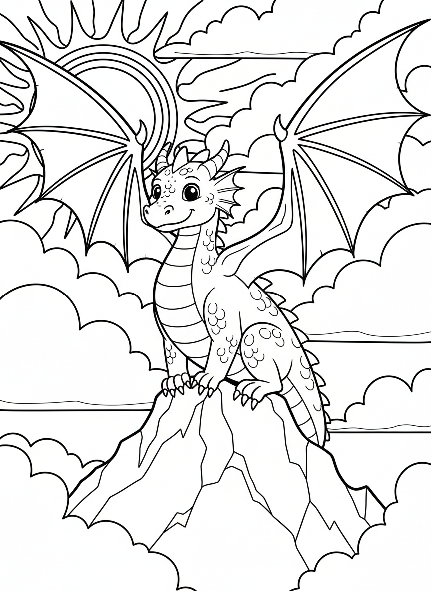 A friendly dragon with large wings perched on a mountain peak, surrounded by fluffy clouds and a shining sun in the background.