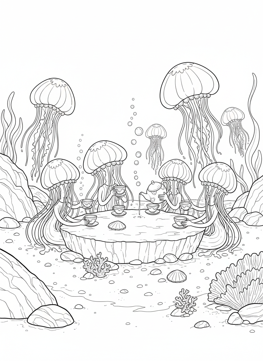 Group of jellyfish having a tea party on the tide pool floor, sitting around a rock table with seashells as teacups, tentacles politely arranged.