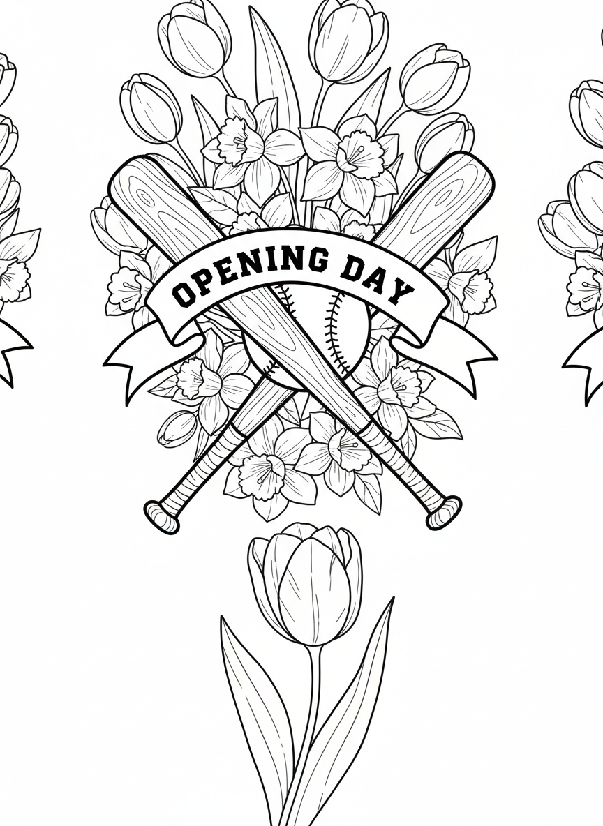 A baseball and bat crossed together with a banner reading 'Opening Day' surrounded by spring flowers like tulips and daffodils.