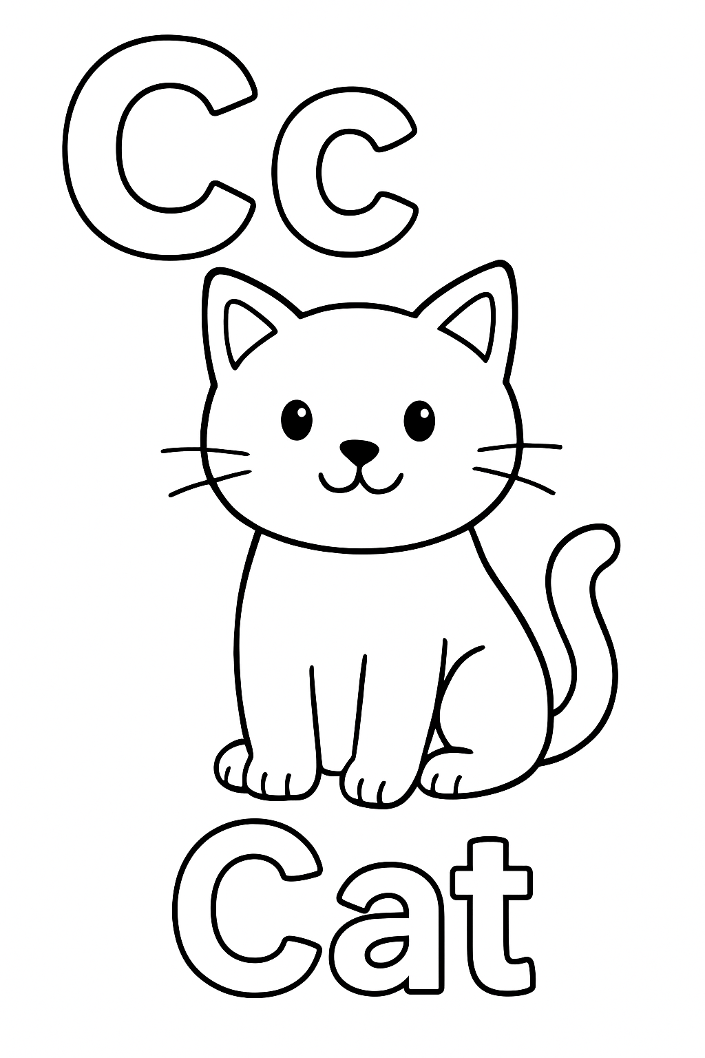 The uppercase letter “C” next to the lowercase letter “c”. With a cat image under the letters. Write out the object “Cat”.