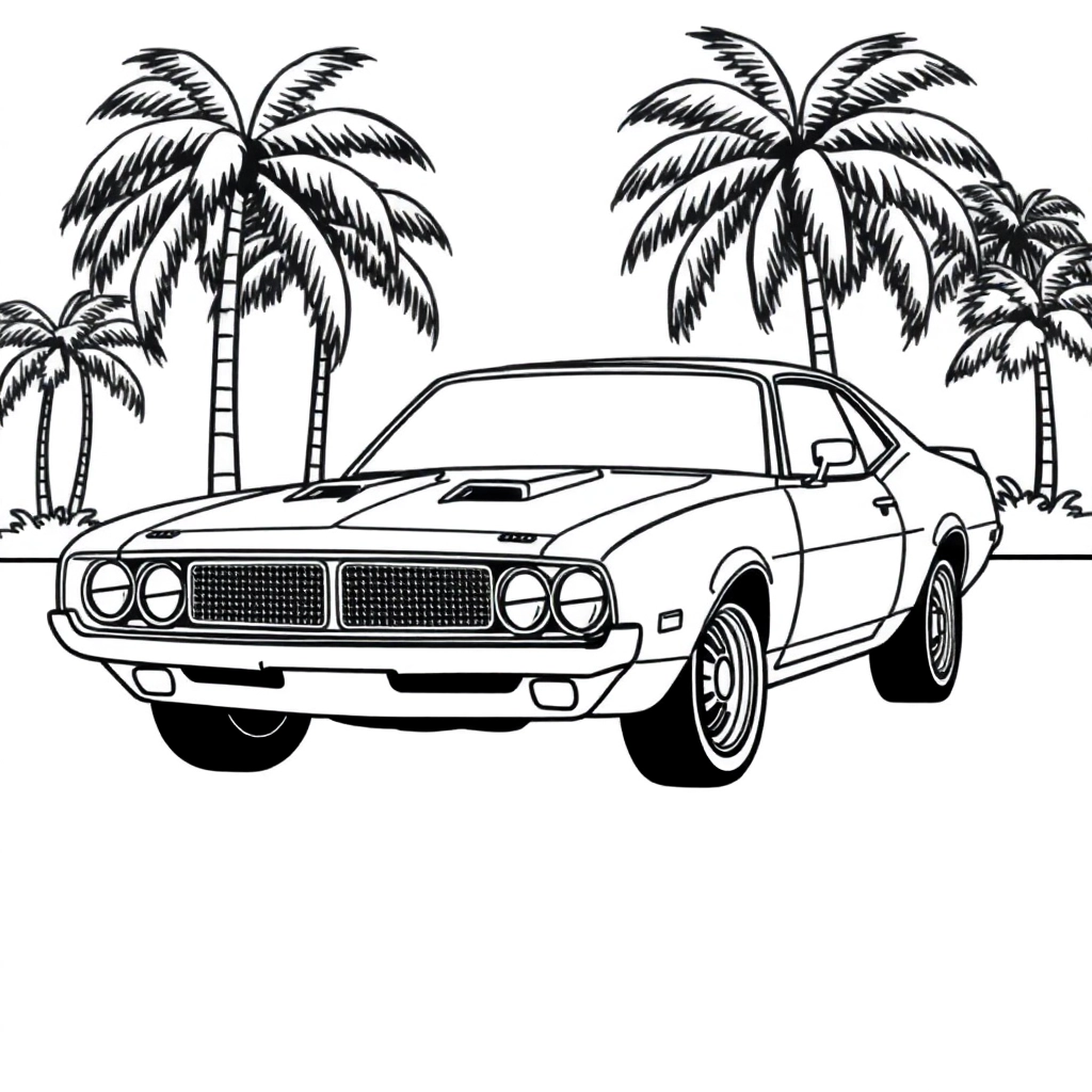 Simple line drawing of a 1970s muscle car parked in front of palm trees, no shading, coloring book style.