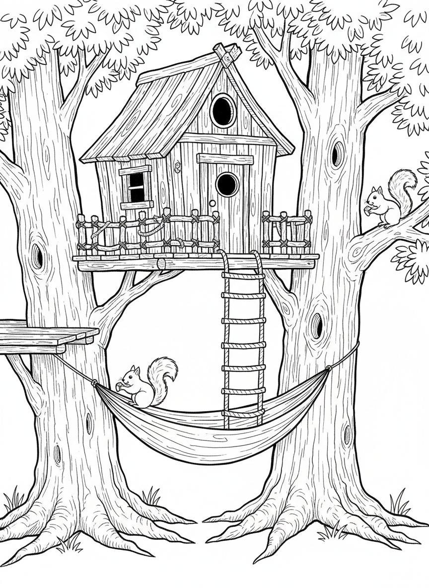 A rustic treehouse built between two trees with a hammock stretched underneath and squirrels playing nearby.