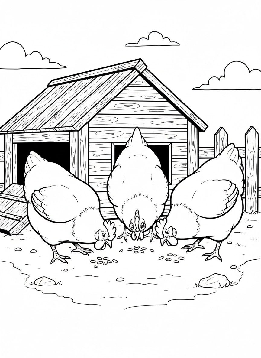 Three chickens pecking at grain scattered on the ground near a rustic chicken coop with a simple roof.